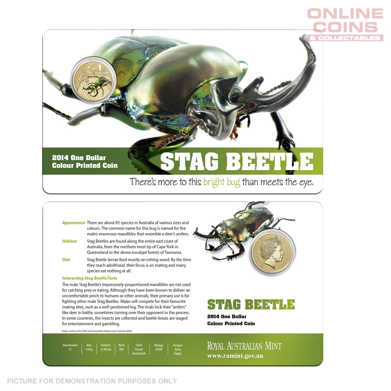 2014 Royal Australian Mint - Bright Bugs - Stag Beetle - Uncirculated $1 Carded Coin